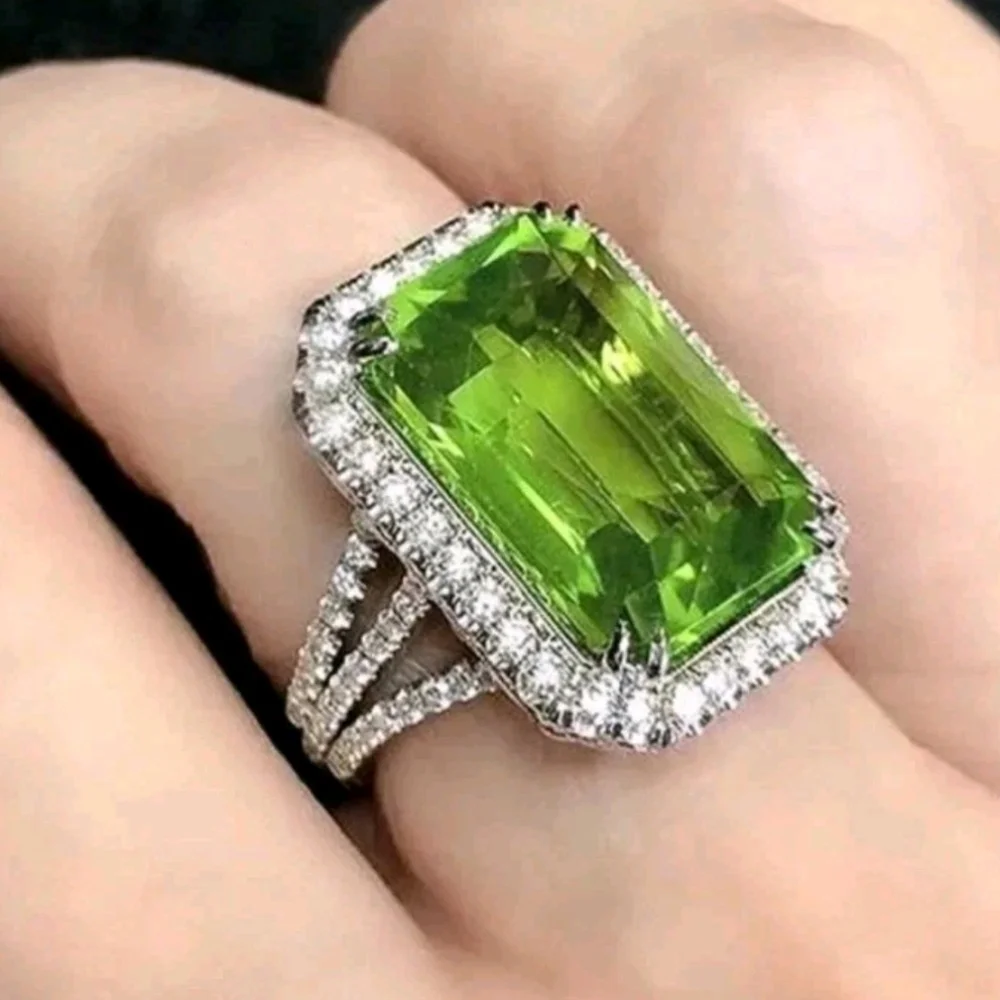 Women's Emerald Cut Green Peridot Halo Engagement Ring 14K White Gold Plated Sz9